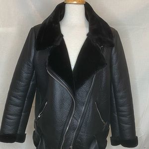 Zara Black Leather Jacket with Fur Collar